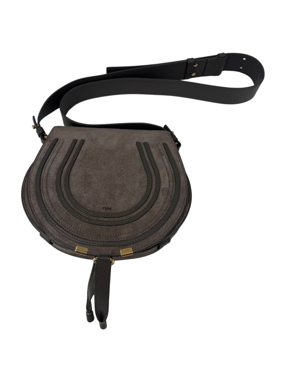 Chloe Marcie Grey Suede Saddle Crossbody Bag Gold Hardware Dust Bag